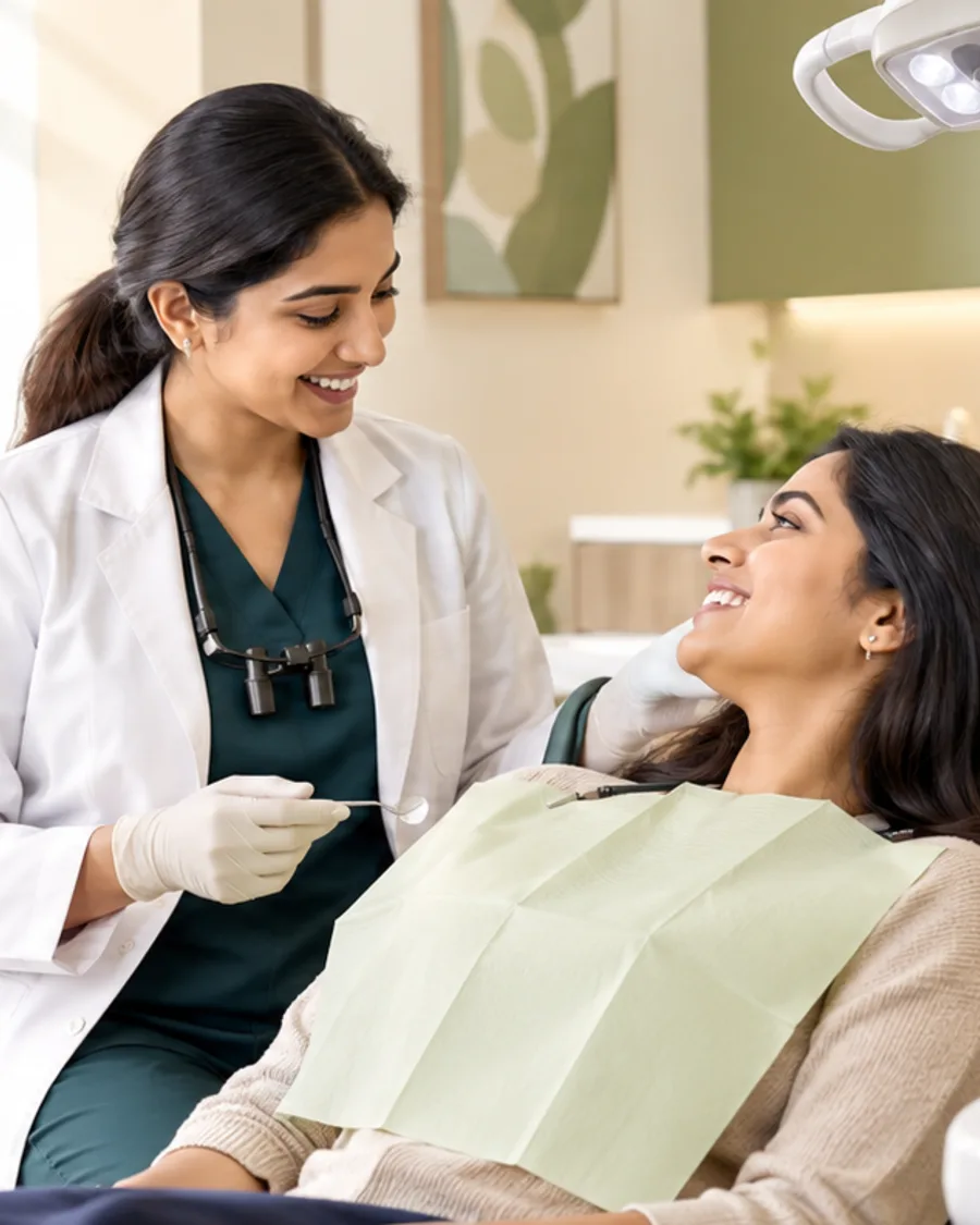 Doctor consulting with a smiling patient in the dental chair